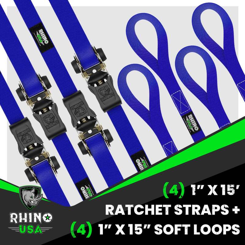 Rhino USA Medium Duty Ratchet Strap Tie - Down 4 - Pack (Blue) - My Store
