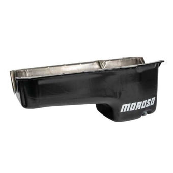 compare product Moroso 80-85 Chevrolet SBC (w/Passenger Side Dipstick) Wet Sump 6qt 8.25in Steel Oil Pan - Blk