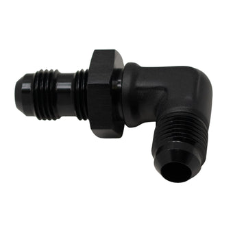 compare product DeatschWerks 6AN Male Flare to 6AN Male Flare Bulkhead Adapter 90-Degree - Anodized Matte Black
