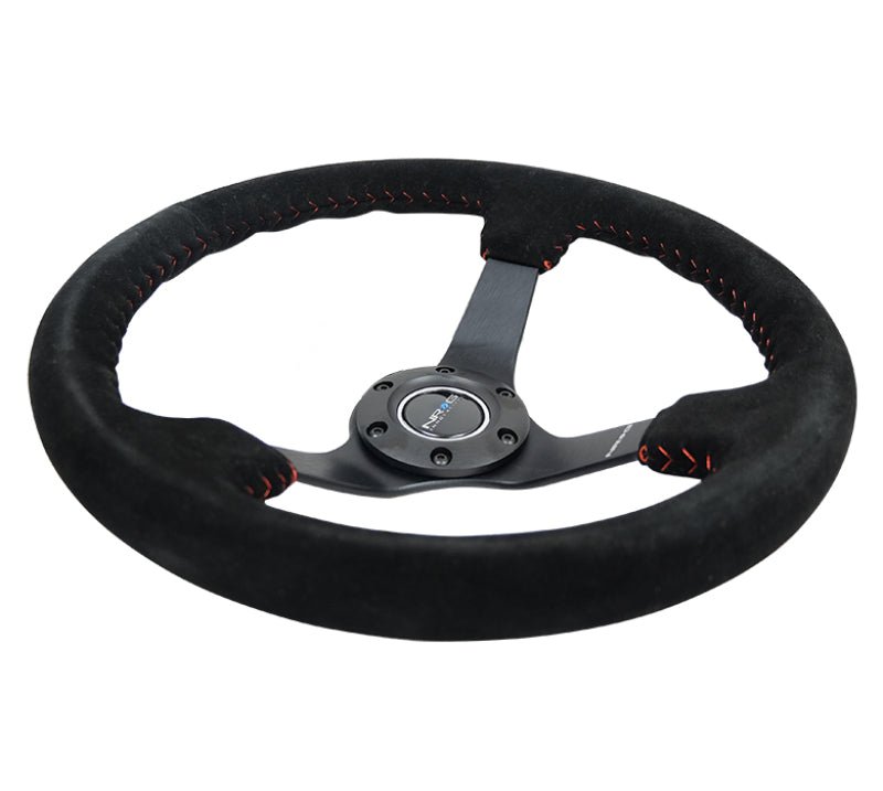 NRG Reinforced Steering Wheel (350mm / 3in. Deep) Blk Suede/Red BBall Stitch w/5mm Matte Blk Spokes - My Store