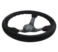 NRG Reinforced Steering Wheel (350mm / 3in. Deep) Blk Suede/Red BBall Stitch w/5mm Matte Blk Spokes - My Store