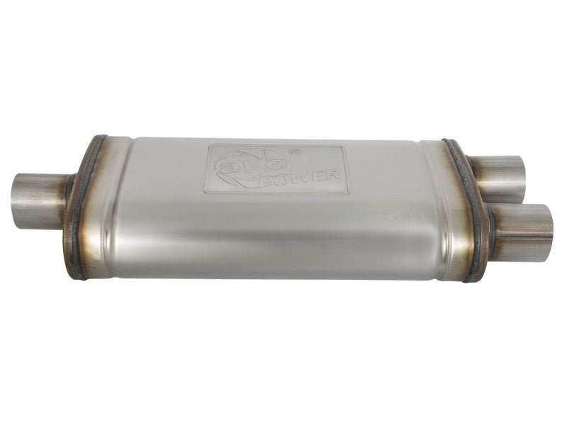 aFe MACHForce XP SS Muffler 2.5in Center Inlet / 2.5in Dual Outlets 18in L x 9in W x 4in H Body - My Store