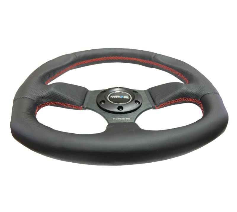 NRG Reinforced Steering Wheel (320mm Horizontal / 330mm Vertical) Leather w/Red Stitching - My Store
