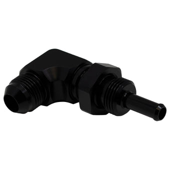 compare product DeatschWerks 8AN Male Flare to 5/16in Male Barb Bulkhead Adapter 90-Degree - Anodized Matte Black