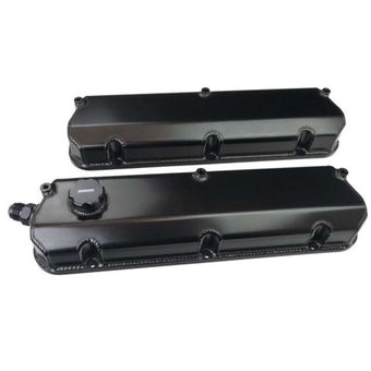compare product Moroso Ford 302/351W 2-3/4in Tall Aluminum Valve Covers - Black (w/-12AN Vac Fitting & Oil Fill)