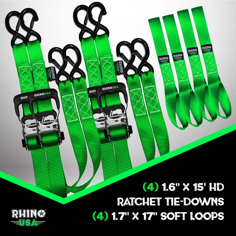Rhino USA Heavy Duty Ratchet Tie - Down 4 - Pack Green 1.6In X 15Ft - My Store