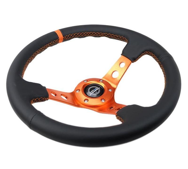 NRG Reinforce Steering Wheel (350mm / 3in. Deep) Blk Leather, Orange Center Mark w/ Orange Stitching - My Store