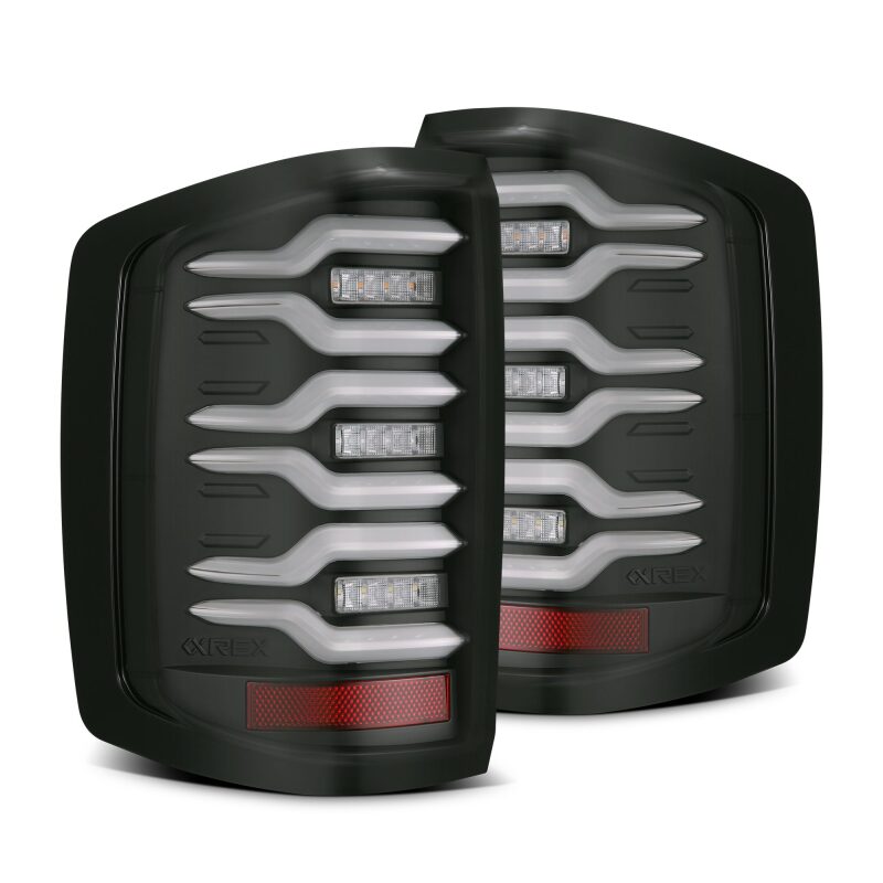 AlphaRex 14 - 18 Chevrolet Silverado Luxx - Series LED Tail Lights Black w/Activ Light/Seq Signal - My Store