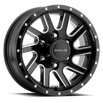 compare product Raceline 820M Twisted 16x6in / 8x165.1 BP / 0mm Offset / 4.90mm Bore - Black & Machined Wheel