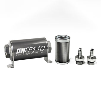 compare product DeatschWerks Stainless Steel 3/8in 40 Micron Universal Inline Fuel Filter Housing Kit (110mm)