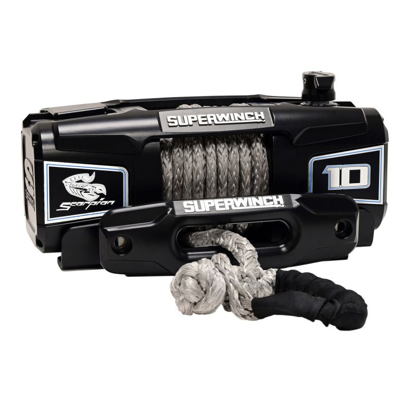 Superwinch 10000 LBS 12V DC 3/8in x 54ft Synthetic Rope Scorpion 10000SR Winch - Black Powdercoat - My Store