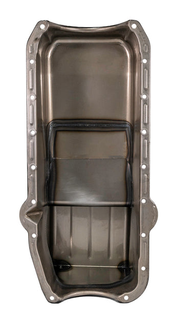 compare product Moroso Pre-80 Chevrolet Small Block (w/Driver Side Dipstick) Wet Sump 6qt 9in Steel Oil Pan - Black