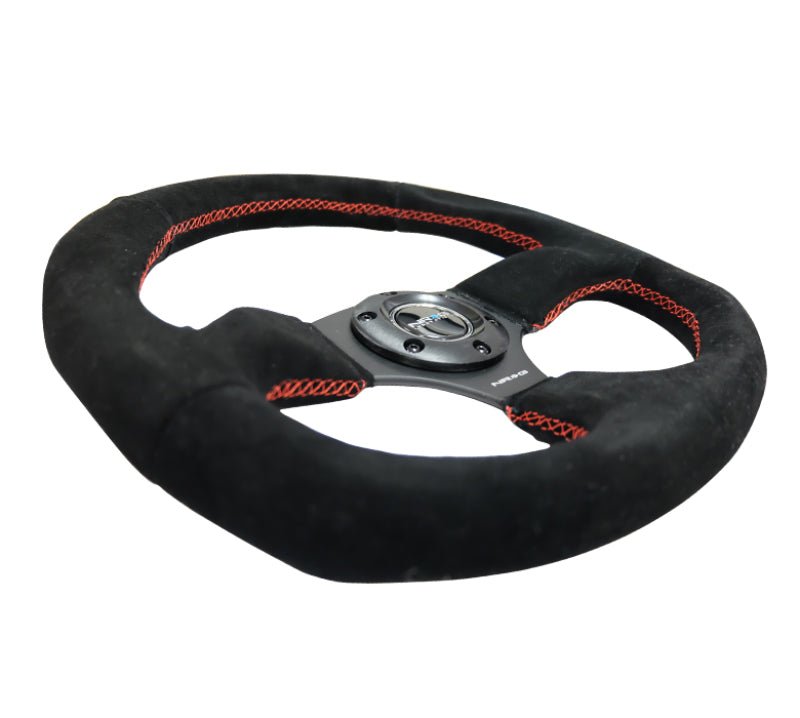 NRG Reinforced Steering Wheel (320mm Horizontal / 330mm Vertical) Suede w/Red Stitch - My Store