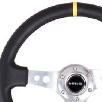 compare product NRG Reinforced Steering Wheel (350mm / 3in. Deep) Blk Leather w/Circle Cut Spokes & Single Yellow CM