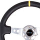 NRG Reinforced Steering Wheel (350mm / 3in. Deep) Blk Leather w/Circle Cut Spokes & Single Yellow CM - My Store