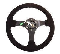 NRG Reinforced Steering Wheel (350mm / 3in. Deep) Blk Suede w/Blk BBall Stitch (Odi Bakchis Edition) - My Store