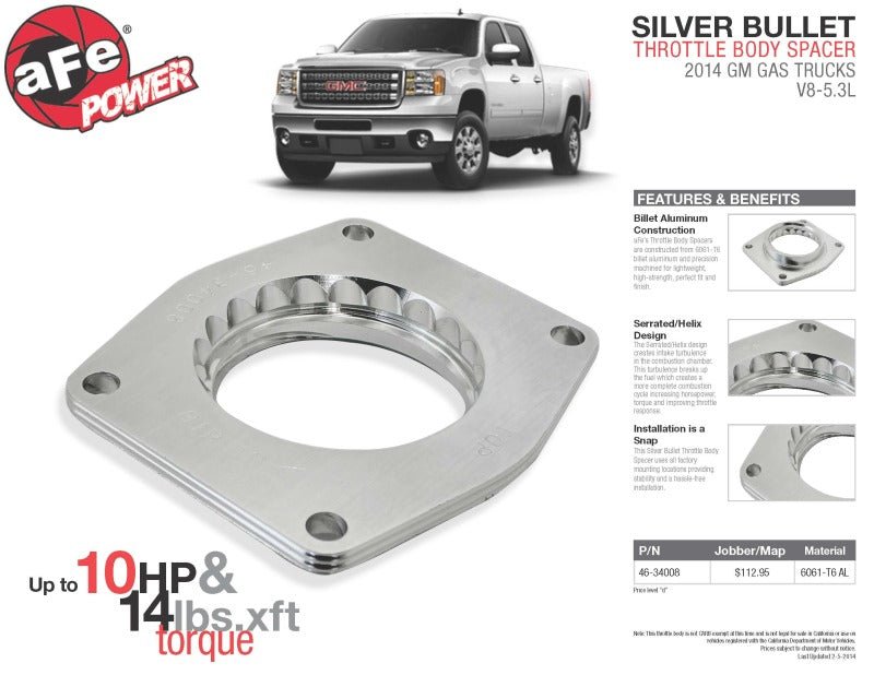 aFe Silver Bullet Throttle Body Spacers TBS 2014 GM Silverado/Sierra 1500 V8 5.3L - My Store