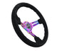 NRG Reinforced Steering Wheel (350mm / 3in. Deep) Blk Suede/Blk Stitch w/Neochrome Slits - My Store