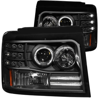 compare product ANZO 1992-1996 Ford F-150 Projector Headlights w/ Halo Black w/ Side Markers and Parking Lights