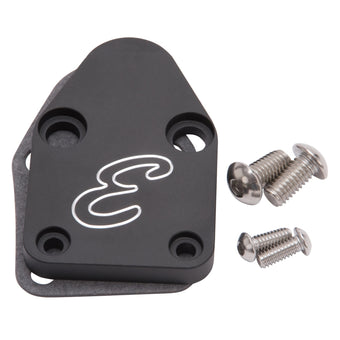 compare product Edelbrock Fuel Pump Block-Off Plate SBC Billet Aluminum