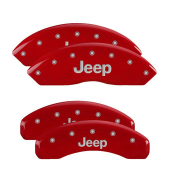 compare product MGP 4 Caliper Covers Engraved Front & Rear Jeep Red Finish Silver Char 2018 Jeep Wrangler