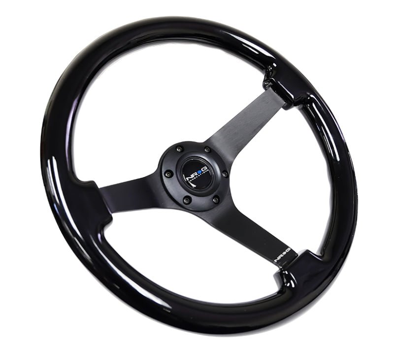 NRG Reinforced Steering Wheel (350mm / 3in. Deep) Black w/Black Chrome Solid 3 - Spoke Center - My Store