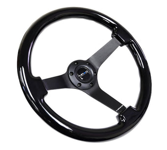 compare product NRG Reinforced Steering Wheel (350mm / 3in. Deep) Black w/Black Chrome Solid 3-Spoke Center
