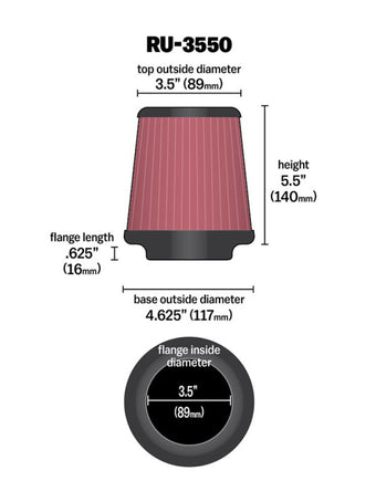 compare product K&N Universal Rubber Filter 3 1/2 inch FLG / 4 5/8 inch Base / 3-1/2 inch Top / 5 1/2 inch Height