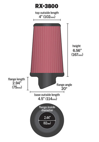 compare product K&N Filter Universal X Stream Clamp-On 2.438in Flange ID x 4.5in Base OD x 4in Top OD x 6.563in H