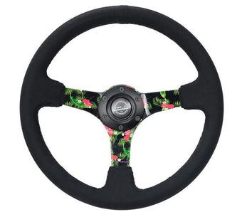compare product NRG Reinforced Steering Wheel (350mm / 3in. Deep) Black Suede w/ 5mm Floral 3-Spoke Center