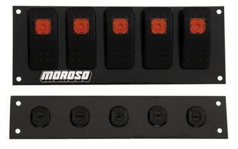 compare product Moroso Rocker Switch Panel - Flat Surface Mount - LED - 2.488in x 6.695in - Five On/Off Switches