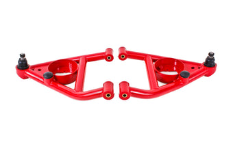 compare product BMR 67-69 F-Body A-arms Lower, DOM Non-adjustable Polyurethane Bushings Front Bump Stops Red