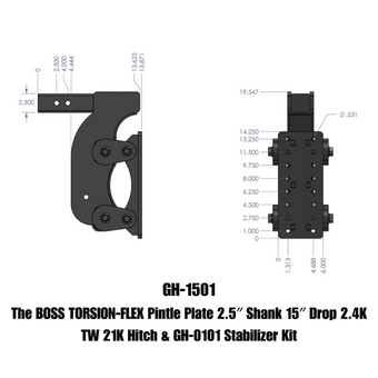 compare product Gen-Y The Boss Torsion-Flex Pintle Plate 2.5in Shank 15in Drop 21K Hitch w/GH-0100 Stabilizer Kit