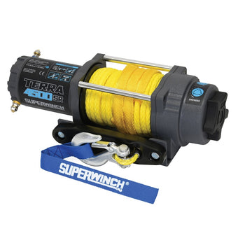 compare product Superwinch 4500 LBS 12V DC 1/4in x 50ft Synthetic Rope Terra 4500SR Winch - Gray Wrinkle