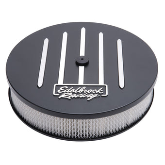 compare product Edelbrock Air Cleaner Racing Series Round Aluminum Top Cloth Element 14In Dia X 3 125In Dropped Base