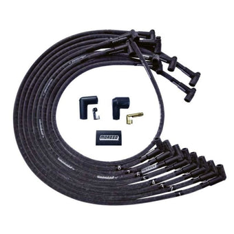 compare product Moroso BBC Under Header 90 Deg Plug End HEI Sleeved Ultra Spark Plug Wire Set - Black