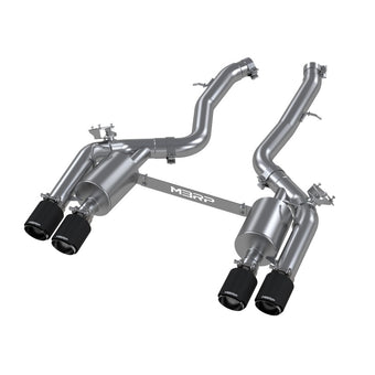 compare product MBRP 18-22 BMW M2 Competition 3.0L T304 SS 3in Resonator-Back Exhaust Quad Rear w/ Carbon Fiber Tips