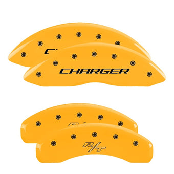 compare product MGP 4 Caliper Covers Engraved Front Charger Engraved Rear RT Yellow finish black ch