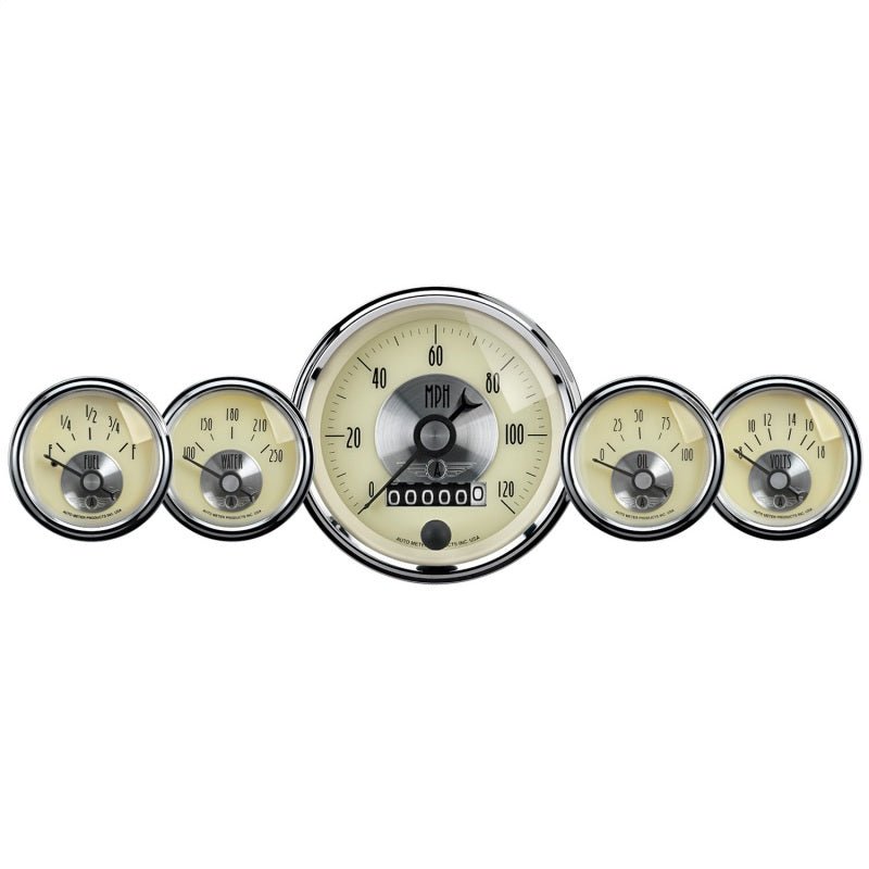 AutoMeter Gauge Kit 5 Pc 3 - 3/8in. & 2 - 1/16in. Elec Speedo W/Wheel Odo Prestige Antq. Ivory - My Store