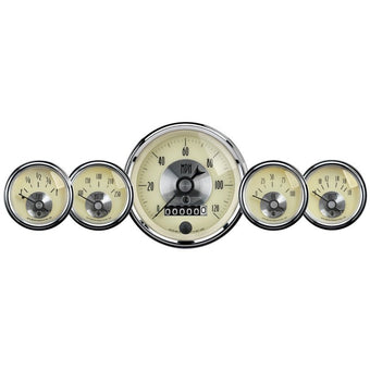 compare product AutoMeter Gauge Kit 5 Pc 3-3/8in. & 2-1/16in. Elec Speedo W/Wheel Odo Prestige Antique. Ivory