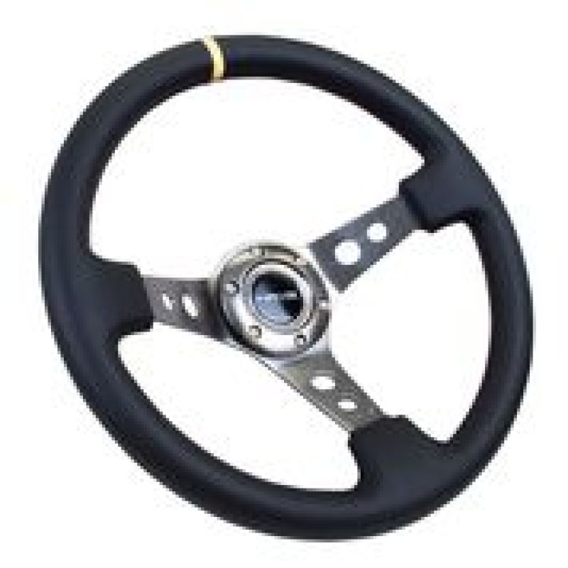 NRG Reinforced Steering Wheel (350mm / 3in. Deep) Blk Leather w/Gunmetal Cutout Spoke & Yellow CM - My Store