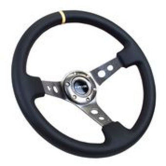 compare product NRG Reinforced Steering Wheel (350mm / 3in. Deep) Blk Leather w/Gunmetal Cutout Spoke & Yellow CM