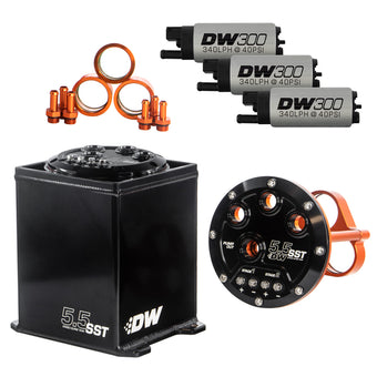 compare product DeatschWerks 5.5L Modular Surge Tank Includes 3 DW300 Fuel Pumps
