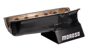 compare product Moroso Pre-80 Chevrolet Small Block (w/Driver Side Dipstick) Wet Sump 7qt 8.25in Steel Oil Pan -Blk