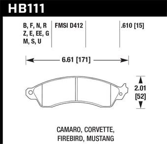 compare product Hawk 1990-1990 Chevy Camaro Iroc-Z (w/Heavy Duty Brakes) High Perf. Street 5.0 Front Brake Pads