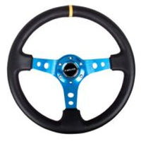 NRG Reinforced Steering Wheel (350mm / 3in. Deep) Blk Leather w/Blue Circle Cutout Spokes - My Store