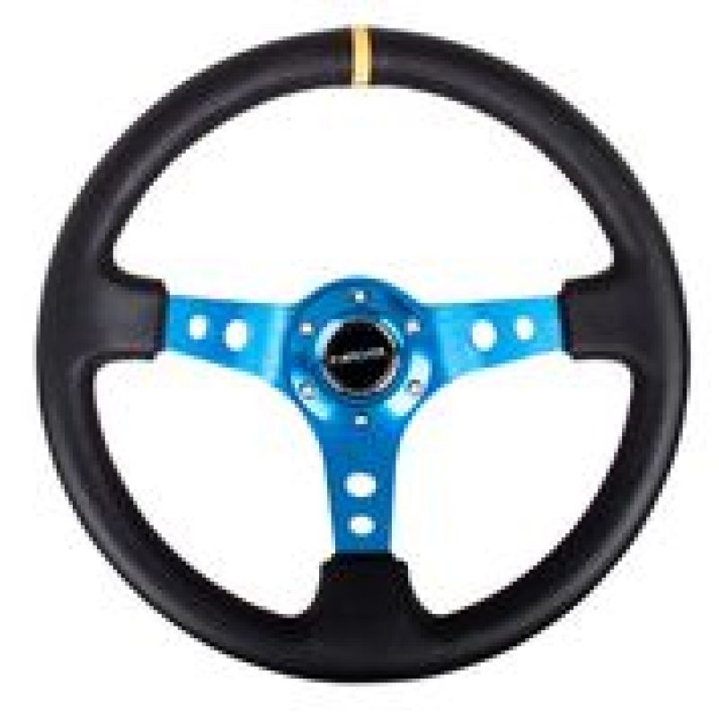 NRG Reinforced Steering Wheel (350mm / 3in. Deep) Blk Leather w/Blue Cutout Spoke & Single Yellow CM - My Store