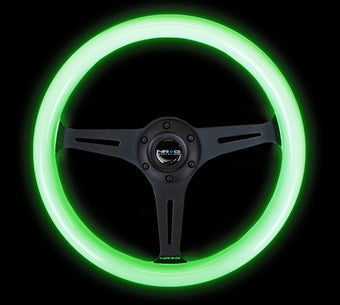compare product NRG Classic Wood Grain Steering Wheel (350mm) Glow-N-The-Dark Green Grip w/Black 3-Spoke Center