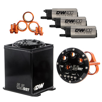 compare product DeatschWerks 5.5L Modular Surge Tank Includes 3 DW400 Fuel Pumps