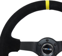 NRG Reinforced Steering Wheel (350mm / 3in. Deep) Blk Suede/X - Stitch w/5mm Blk Spoke & Yellow CM - My Store